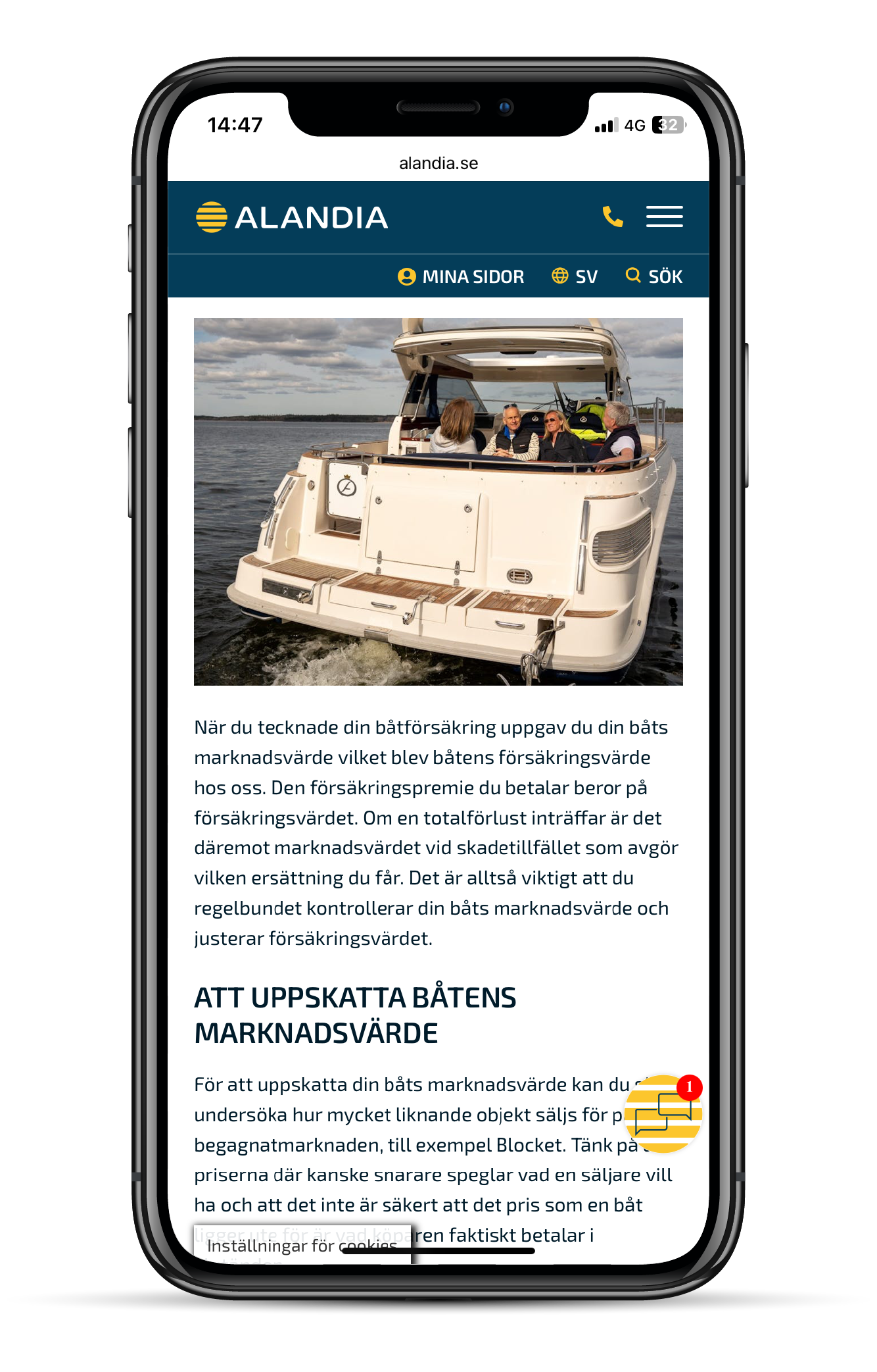 Skärmbild från alandia.se, artikeln Värdera din båt och justera försäkringsvärdet