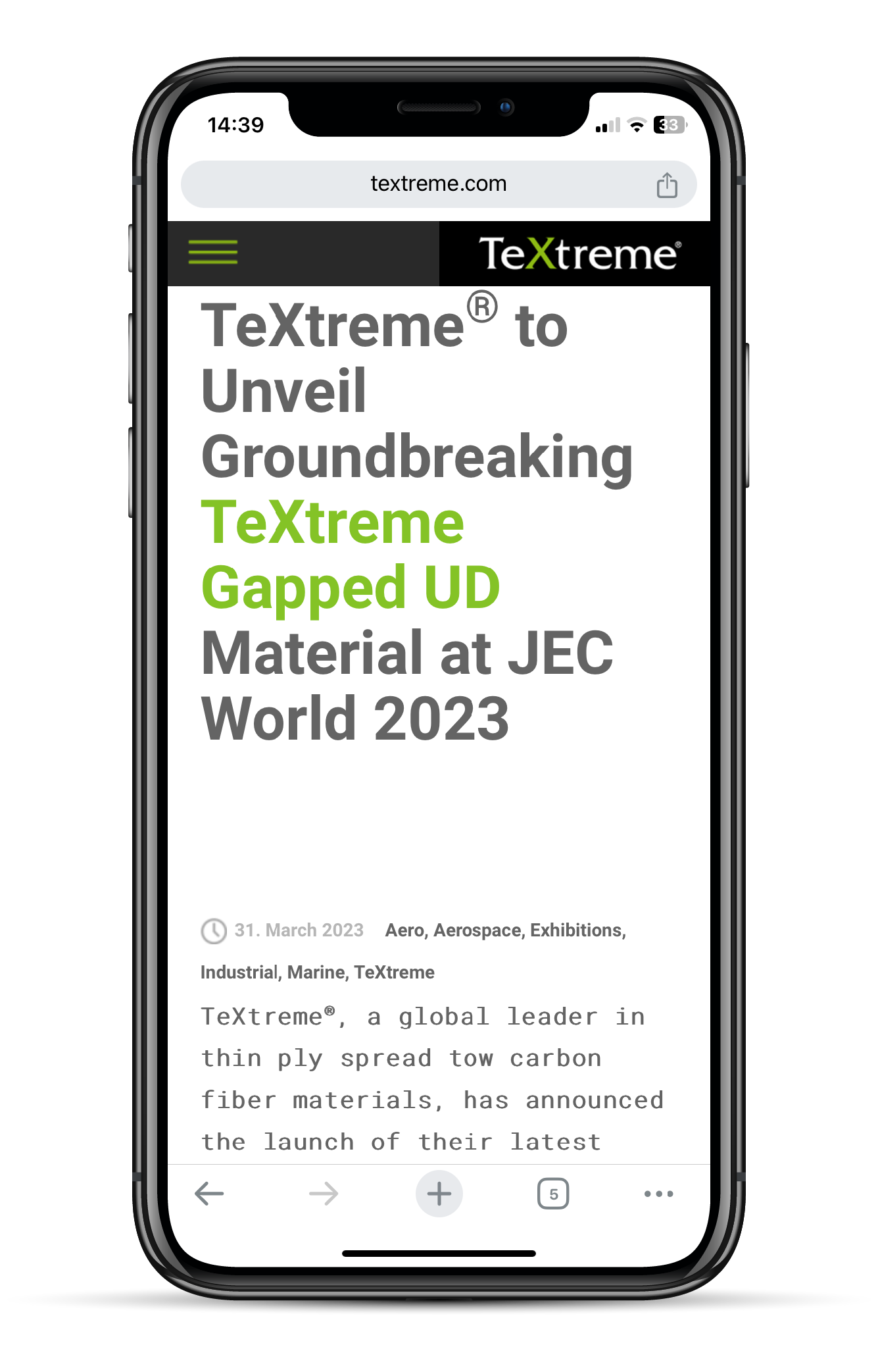 Smartphone som visar en del av pressmeddelandet för TeXtreme® Gapped UD som det ser ut på TeXtremes hemsida